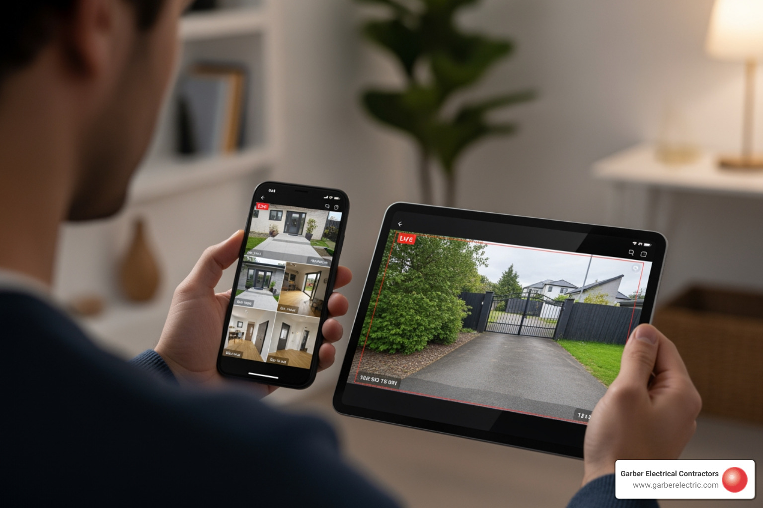 User viewing security footage on a smartphone and tablet - security camera systems