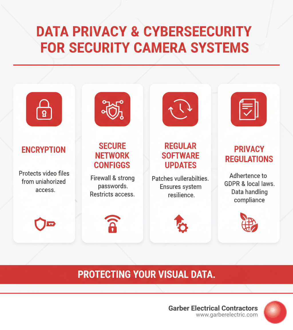 Infographic detailing data privacy and cybersecurity measures for security camera systems, including encryption, secure network configurations, regular software updates, and adherence to privacy regulations like GDPR - security camera systems infographic 