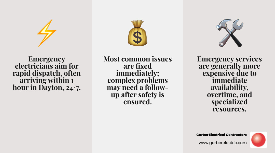 Infographic showing 24/7 availability and rapid response time for emergency electrical services - Emergency electrician Dayton infographic 3_facts_emoji_grey