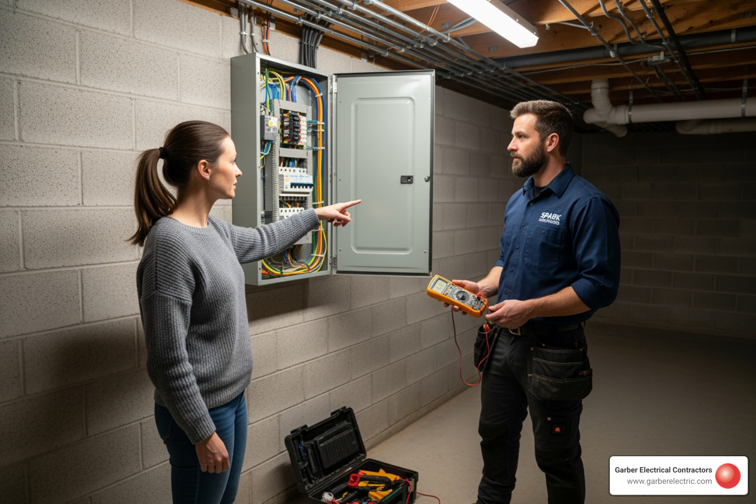 A homeowner pointing to an electrical panel while talking to an electrician - Emergency electrician Dayton