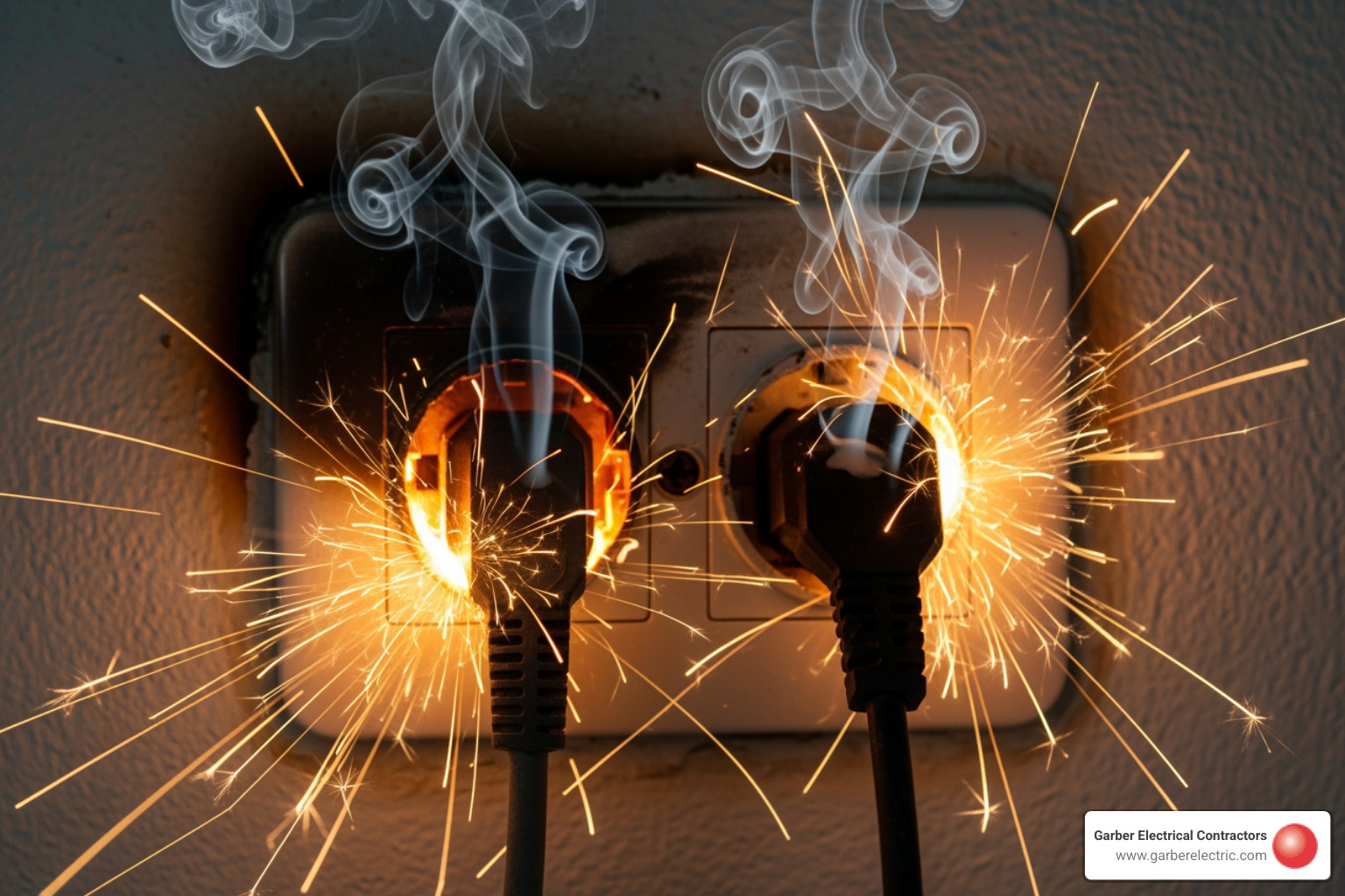A sparking electrical outlet on a wall, indicating an electrical hazard - Emergency electrician Dayton