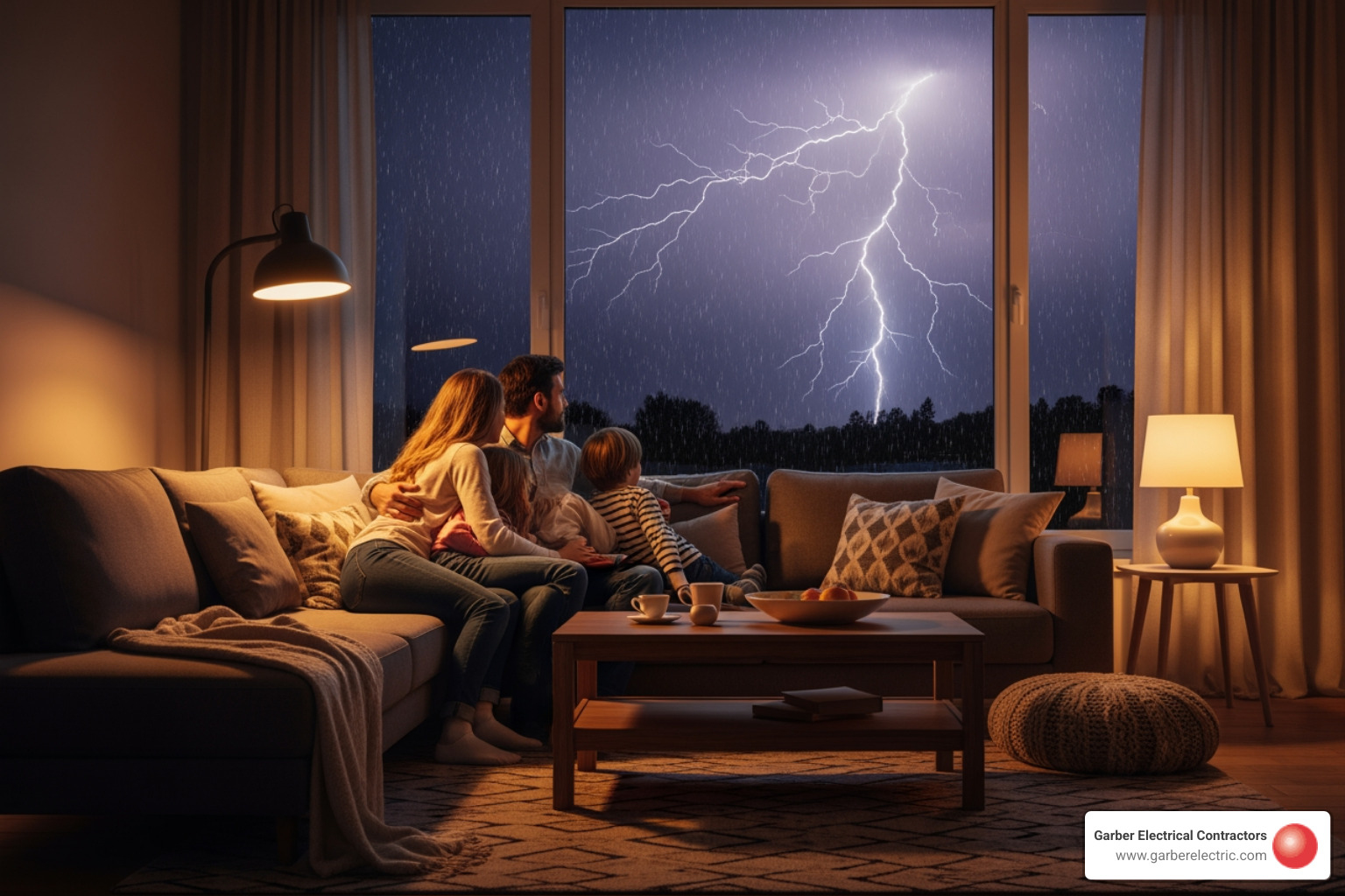 family comfortably inside lit home during nighttime storm - standby generator maintenance