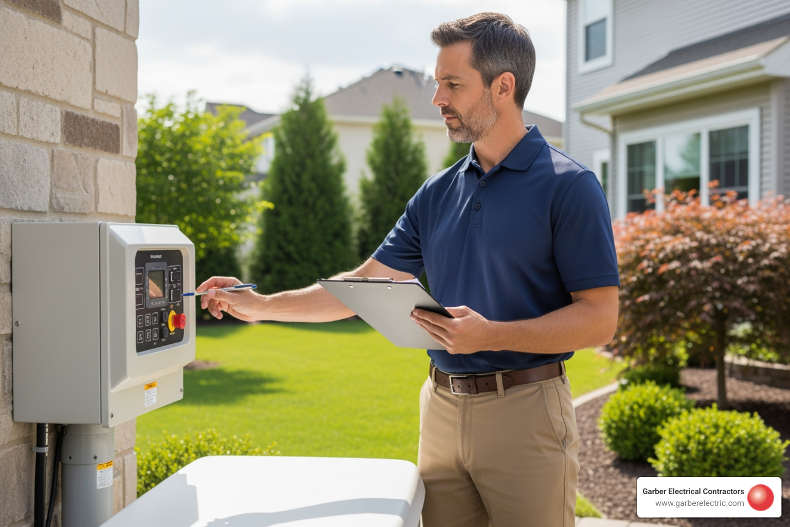 homeowner with checklist inspecting generator control panel - standby generator maintenance