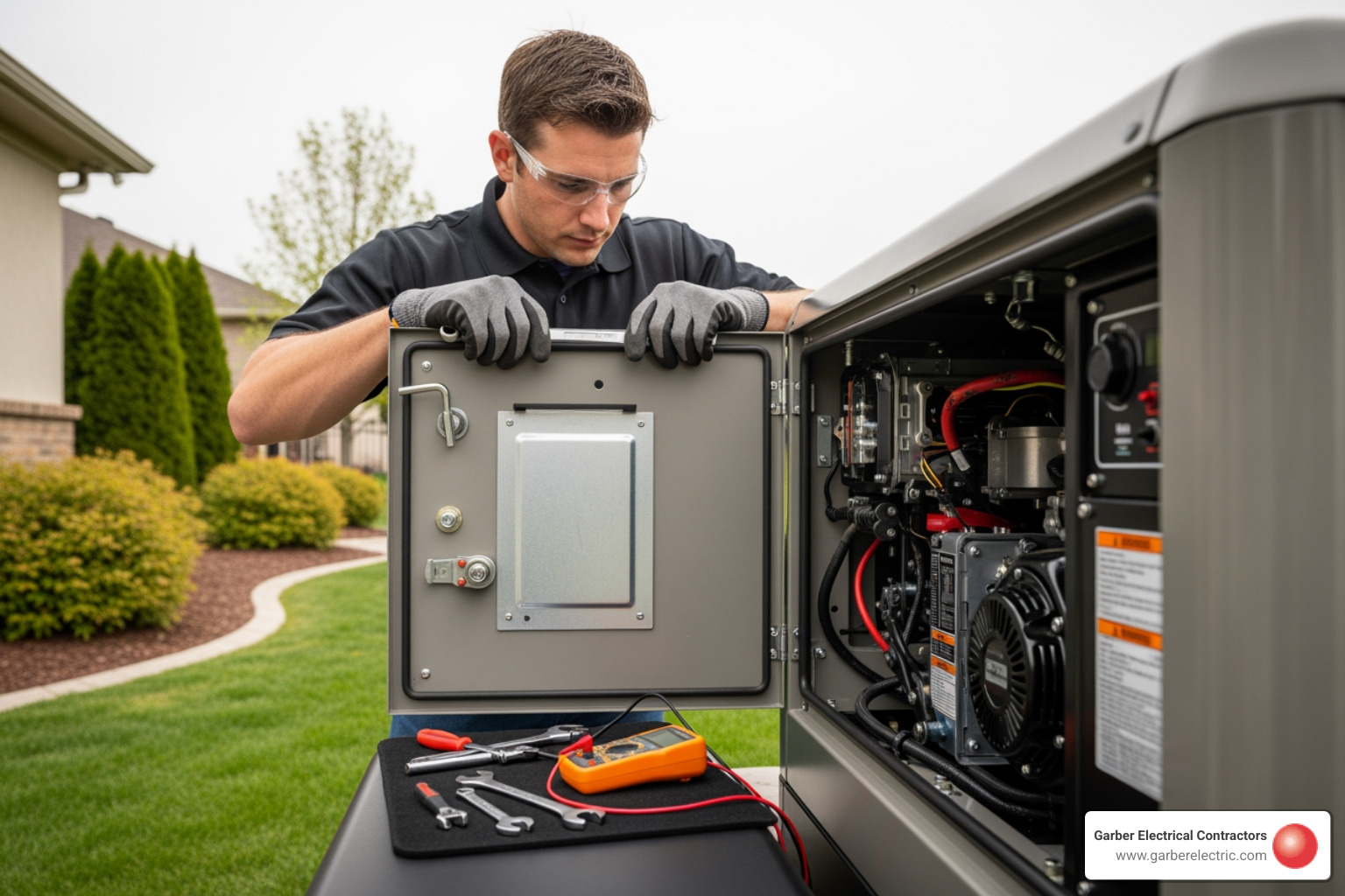 certified technician working on generator with professional tools - standby generator maintenance