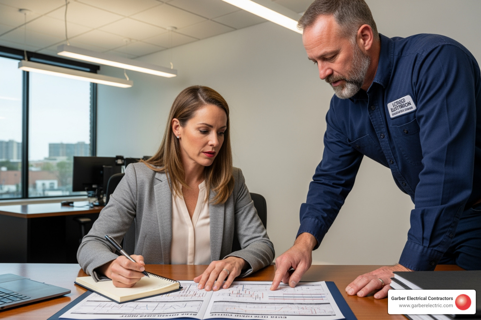 a business owner reviewing an inspection report with an electrician - commercial electrical inspection