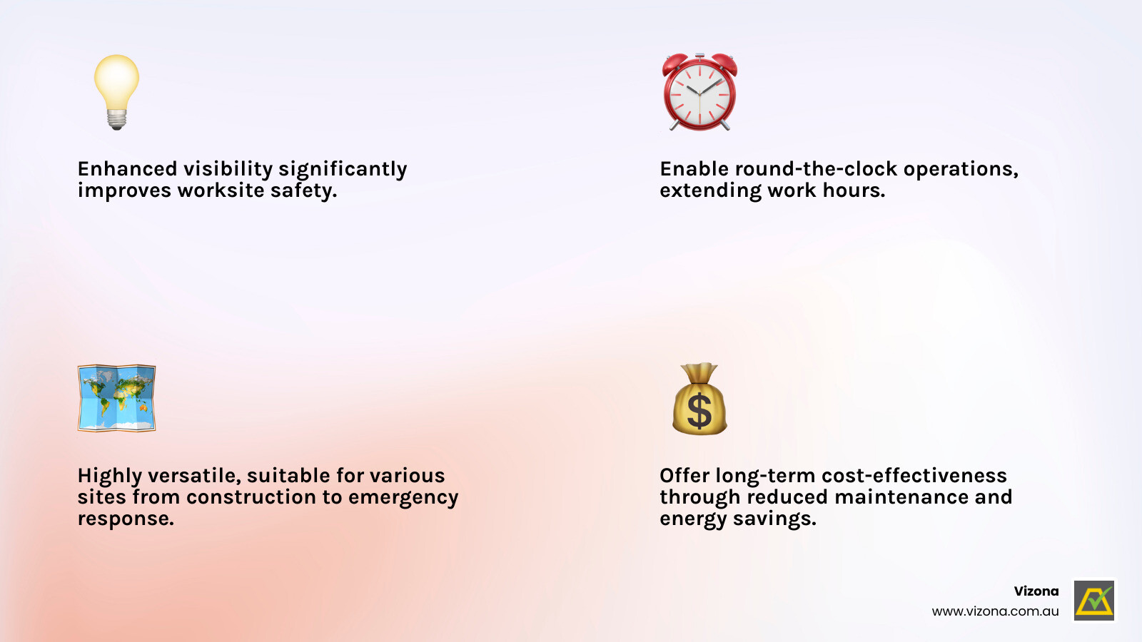 Infographic showing benefits of portable light towers: improved safety through better visibility, 24/7 operations enabling extended work hours, versatility for construction sites to emergency response, and long-term cost-effectiveness from reduced maintenance and energy savings - Portable light towers infographic 