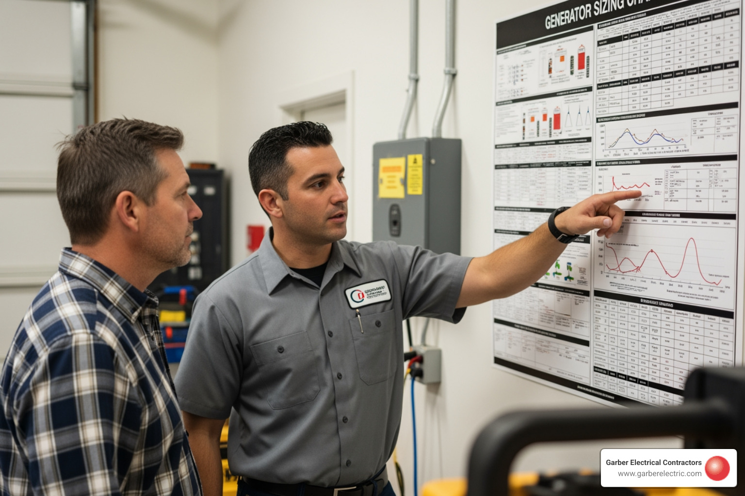 homeowner consulting with an electrician next to a generator sizing chart - house backup generator