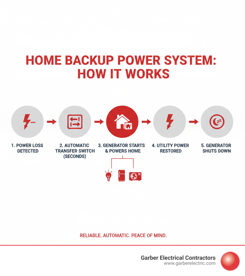 Infographic showing how a standby generator system works: utility power loss detected, automatic transfer switch activates within seconds, generator starts and powers home circuits, system returns to utility power when restored, generator shuts down automatically - house backup generator infographic 