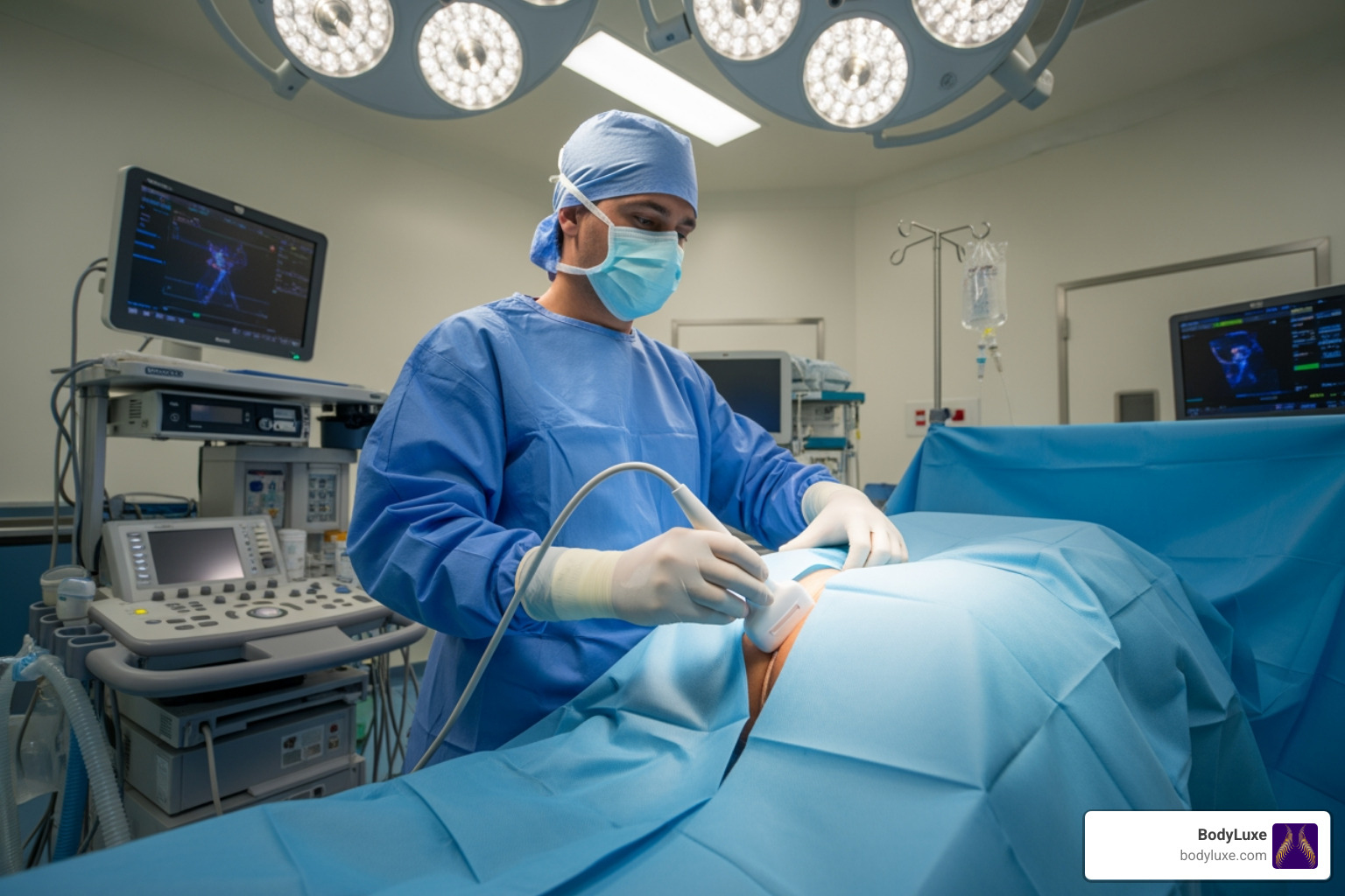 Image of a surgeon using ultrasound guidance during a Brazilian butt lift procedure, highlighting a commitment to patient safety - Brazilian butt lift