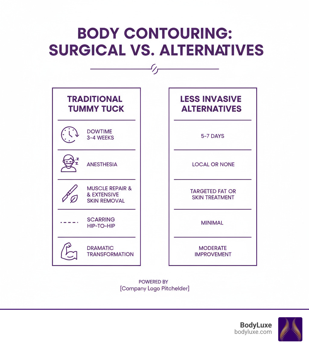 infographic comparing traditional tummy tuck versus less invasive alternatives showing downtime (3-4 weeks vs 5-7 days), anesthesia type (general vs local or none), invasiveness (muscle repair and extensive skin removal vs targeted fat or skin treatment), scarring (hip to hip vs minimal), and ideal results (dramatic transformation vs moderate improvement) - alternatives to abdominoplasty infographic infographic comparing traditional tummy tuck versus less invasive alternatives showing downtime (3-4 weeks vs 5-7 days), anesthesia type (general vs local or none), invasiveness (muscle repair and extensive skin removal vs targeted fat or skin treatment), scarring (hip to hip vs minimal), and ideal results (dramatic transformation vs moderate improvement) - alternatives to abdominoplasty infographic