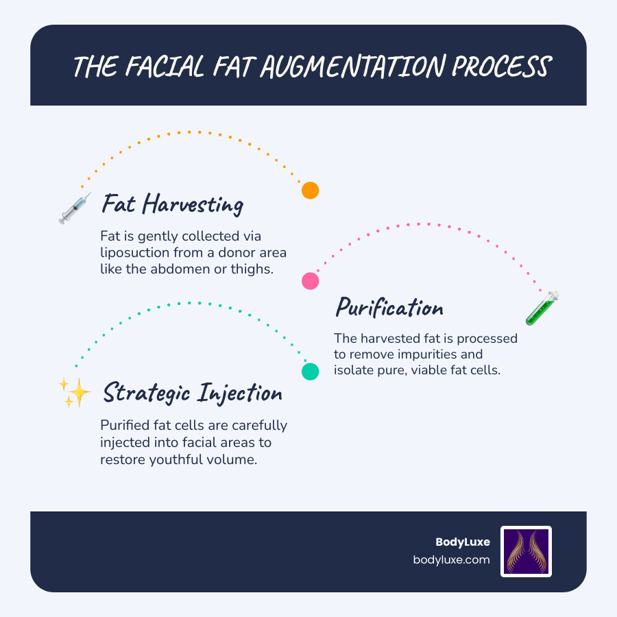 Infographic showing the facial fat transfer process: fat harvested from donor site via liposuction, processed and purified through centrifugation, then injected into facial areas like cheeks, temples, under-eyes, and lips using micro-droplet technique - fat augmentation face infographic infographic-line-3-steps-blues-accent_colors