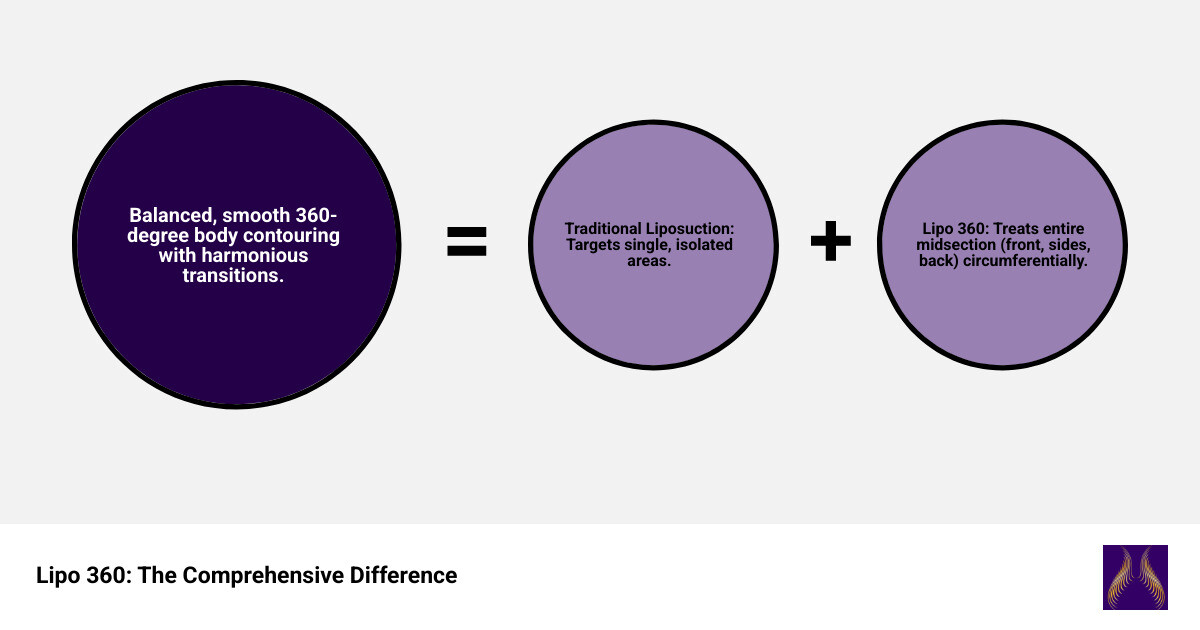Infographic showing Lipo 360 treatment areas in a circular diagram around the torso, including upper abdomen, lower abdomen, both flanks, waist, lower back and mid-back, with arrows indicating the comprehensive 360-degree approach versus traditional liposuction's single-area focus - lipo360 infographic sum_of_parts Infographic showing Lipo 360 treatment areas in a circular diagram around the torso, including upper abdomen, lower abdomen, both flanks, waist, lower back and mid-back, with arrows indicating the comprehensive 360-degree approach versus traditional liposuction's single-area focus - lipo360 infographic sum_of_parts