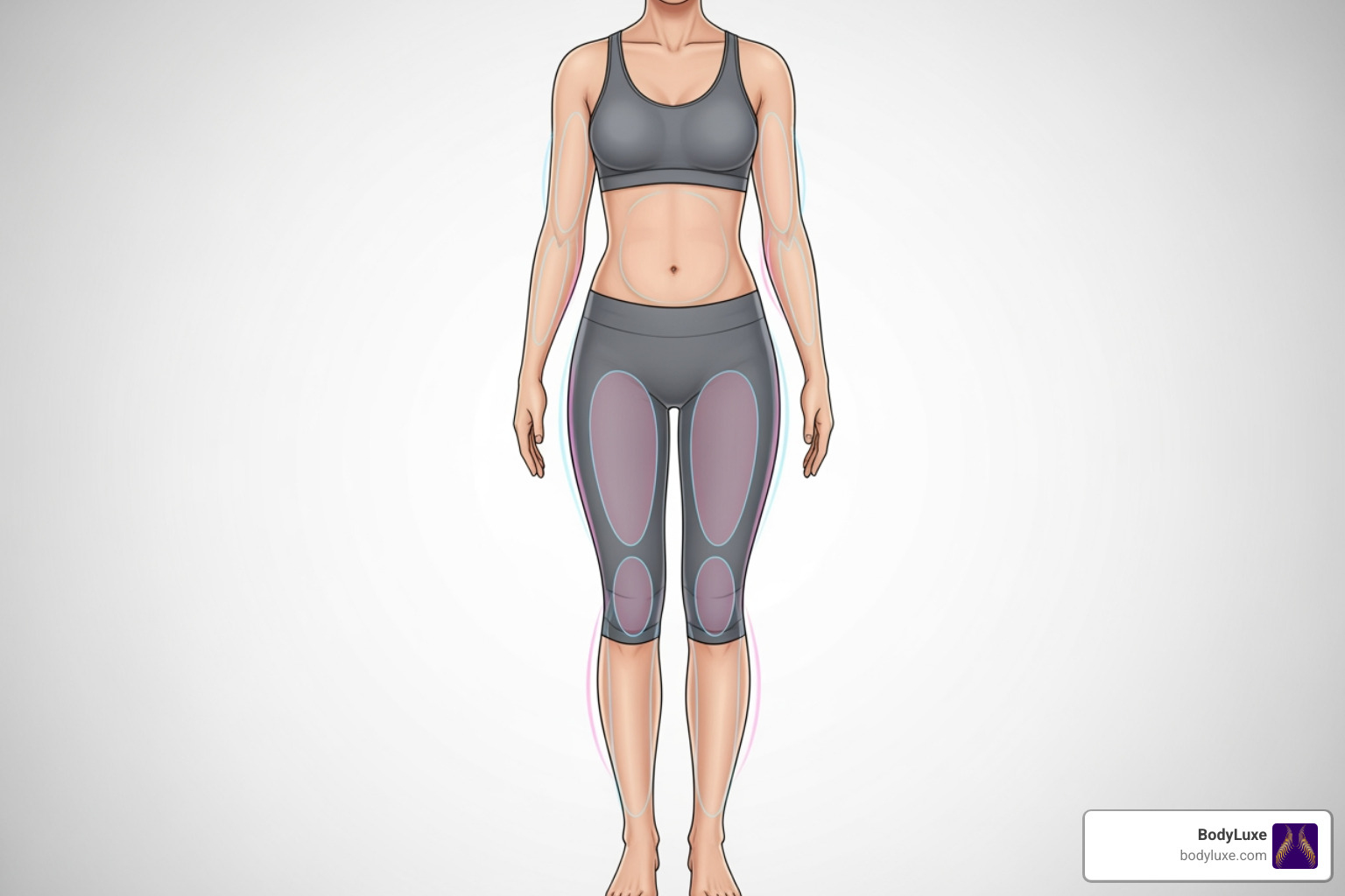 Diagram showing different body areas targeted by contouring procedures: abdomen, arms, thighs, breasts, and buttocks - body contouring after weight loss Diagram showing different body areas targeted by contouring procedures: abdomen, arms, thighs, breasts, and buttocks - body contouring after weight loss