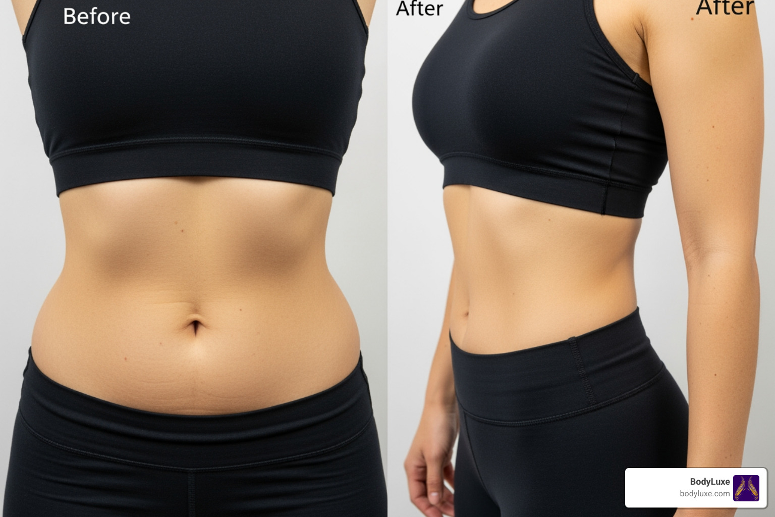 Before and after results of body contouring showing improved abdominal and arm contours - body contouring after weight loss Before and after results of body contouring showing improved abdominal and arm contours - body contouring after weight loss