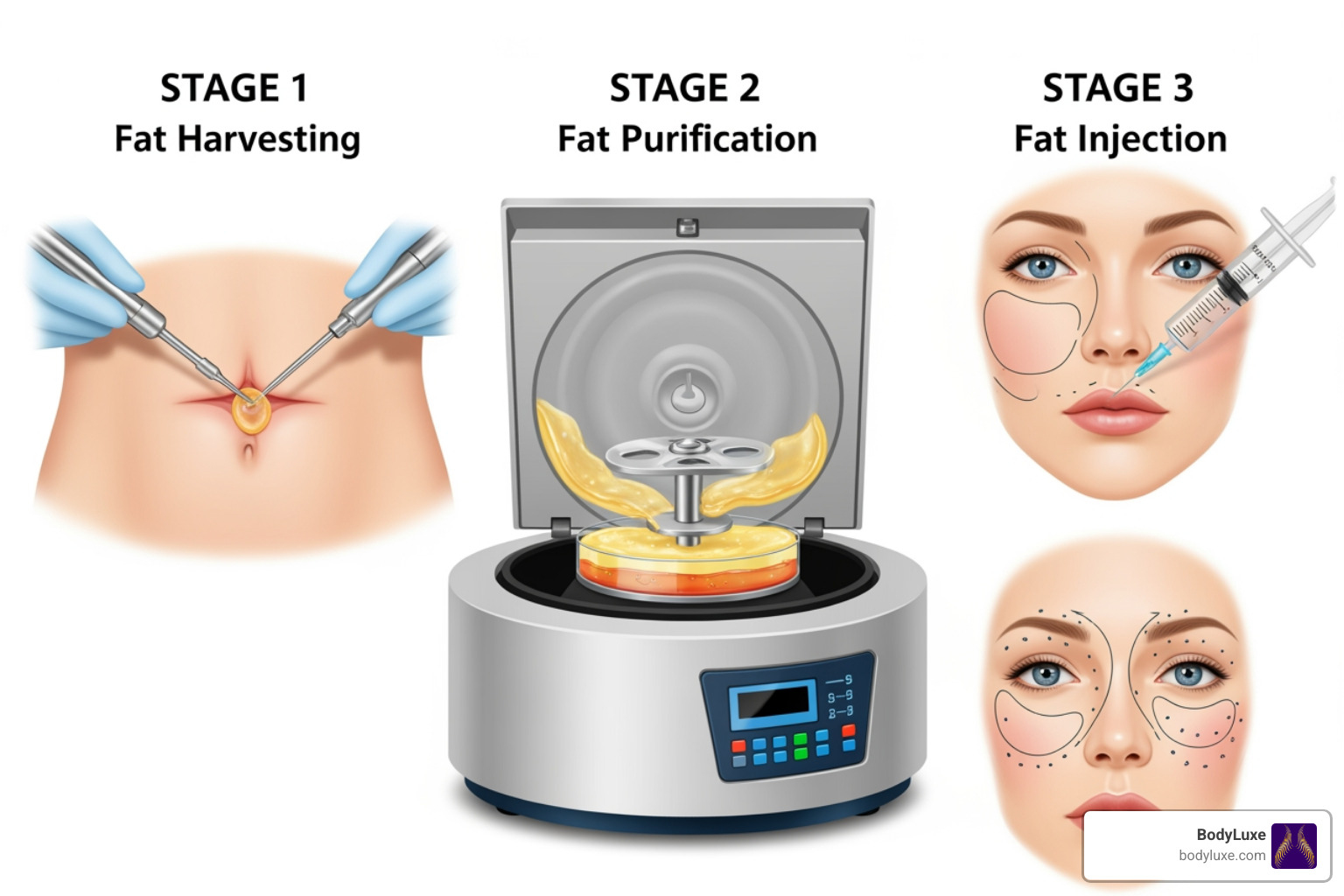 illustration of fat grafting stages - fat augmentation face