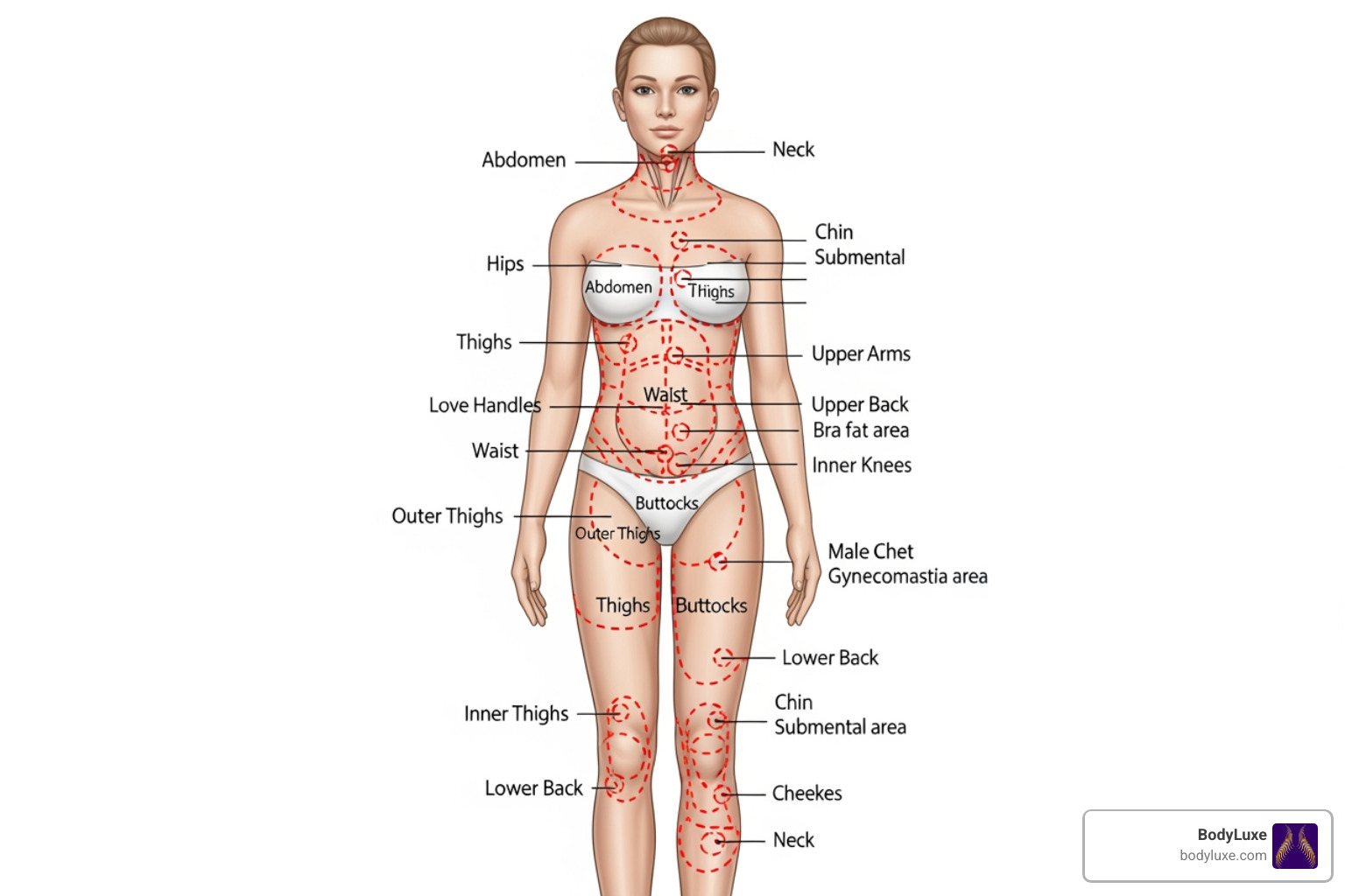 Common liposuction treatment areas like the abdomen, thighs, arms, and chin - Liposuction surgery options