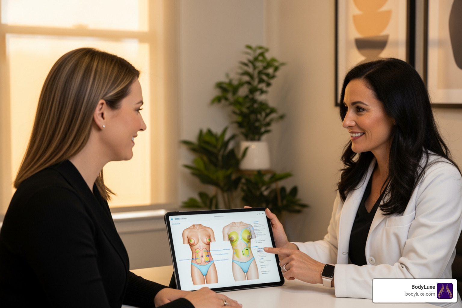 A patient consulting with a BodyLuxe specialist, discussing body contouring options with diagrams and a warm, inviting atmosphere - Liposuction surgery options