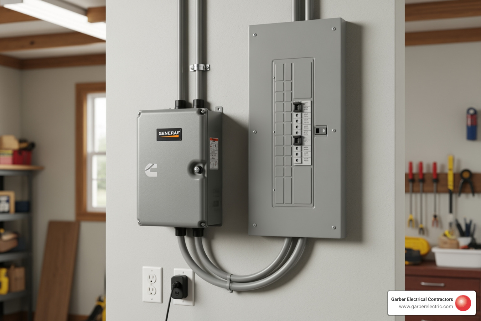 Image of an Automatic Transfer Switch (ATS) next to a home's electrical panel. - kw generator for house