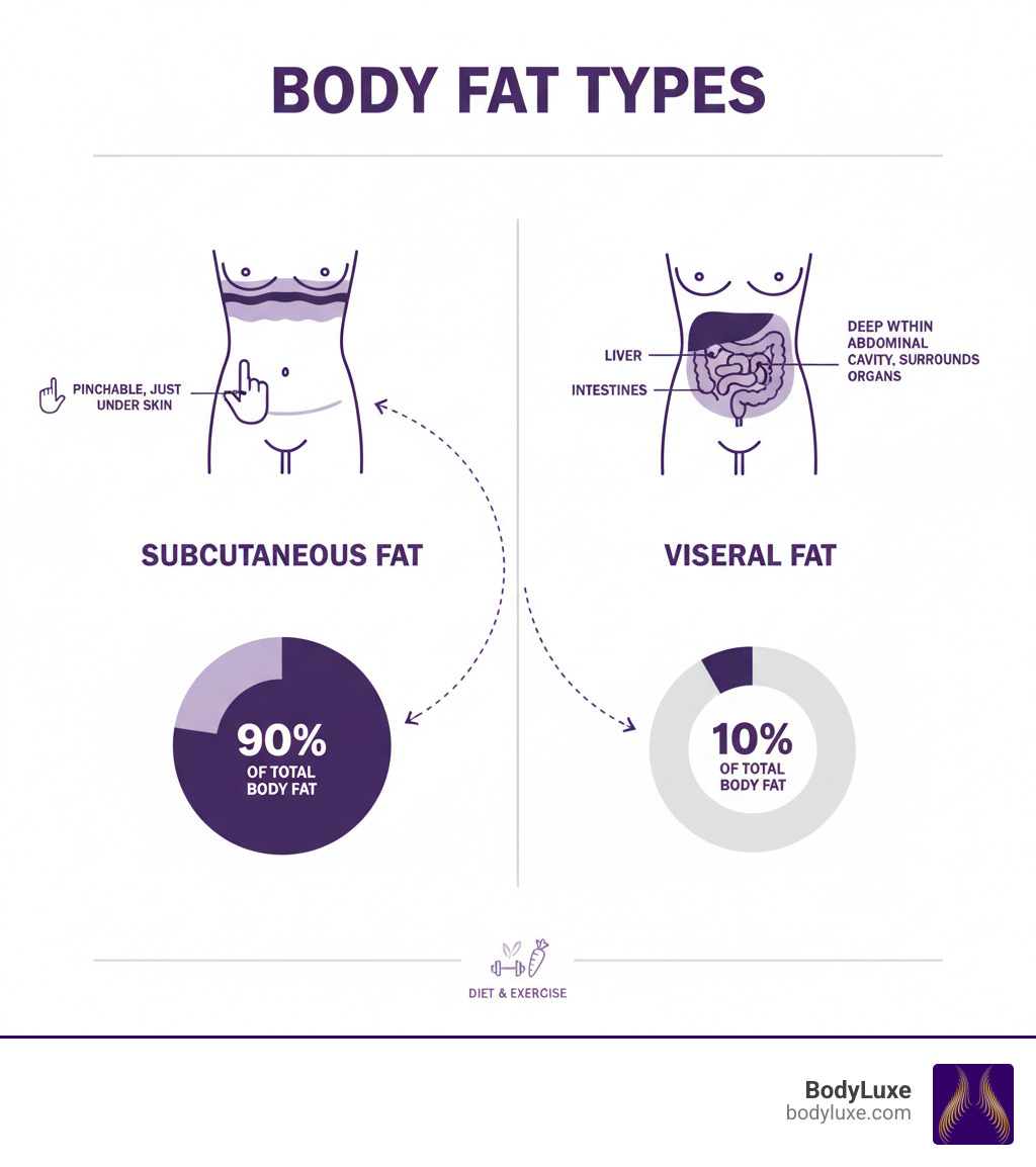 Infographic showing the difference between subcutaneous fat located just beneath the skin that can be pinched, versus visceral fat that lies deep within the abdominal cavity surrounding organs like the liver and intestines, with percentages showing subcutaneous fat comprises approximately 90% of body fat while visceral fat makes up 10% - lose stubborn fat infographic 