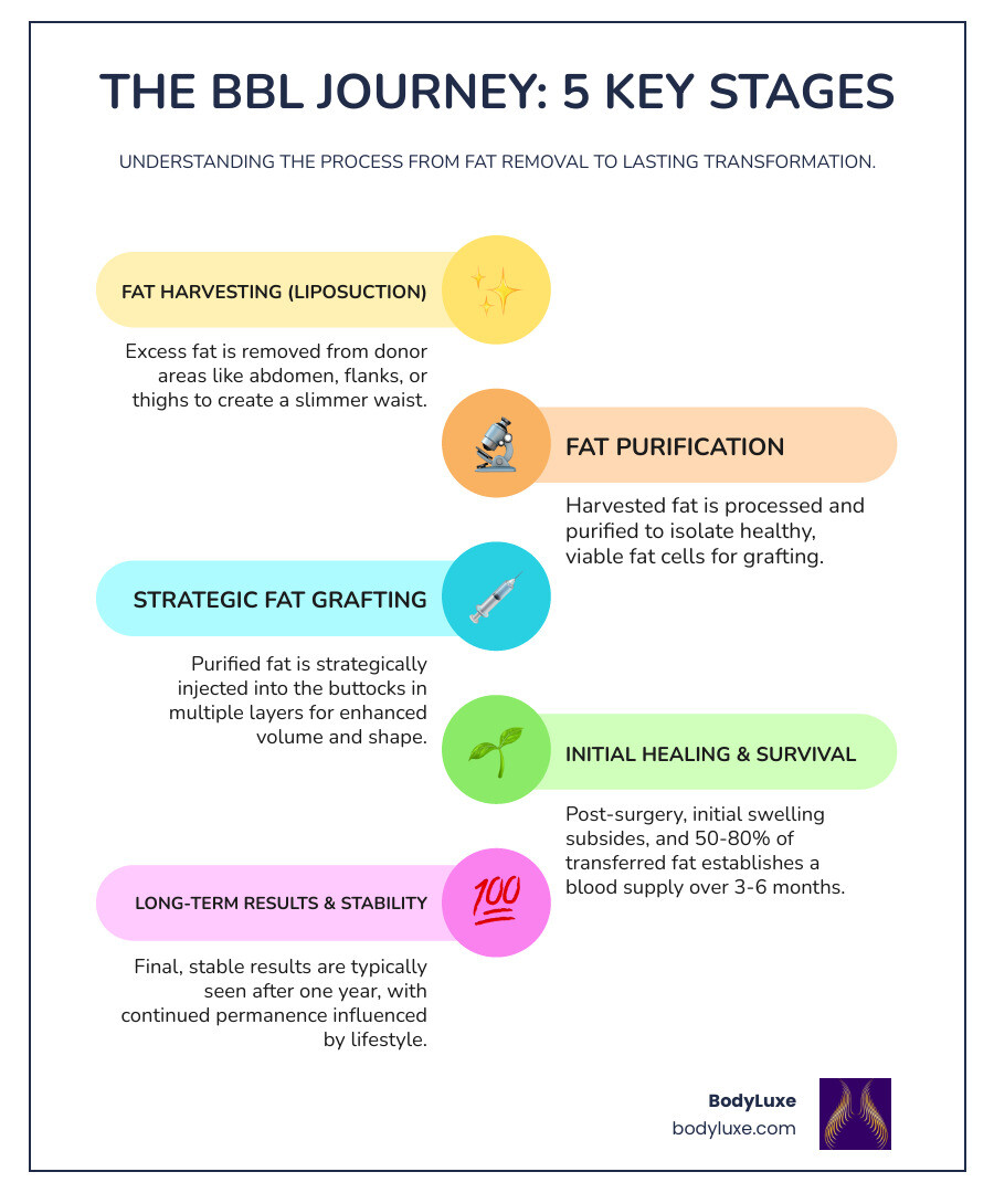 Infographic showing BBL procedure steps: Step 1 - Liposuction removes fat from donor areas like abdomen, flanks, and thighs; Step 2 - Harvested fat is purified and processed to isolate healthy fat cells; Step 3 - Purified fat is strategically injected into buttocks in multiple layers; Step 4 - Results develop over 3-6 months as 50-80% of fat survives permanently - Brazilian butt lift results infographic infographic-line-5-steps-colors
