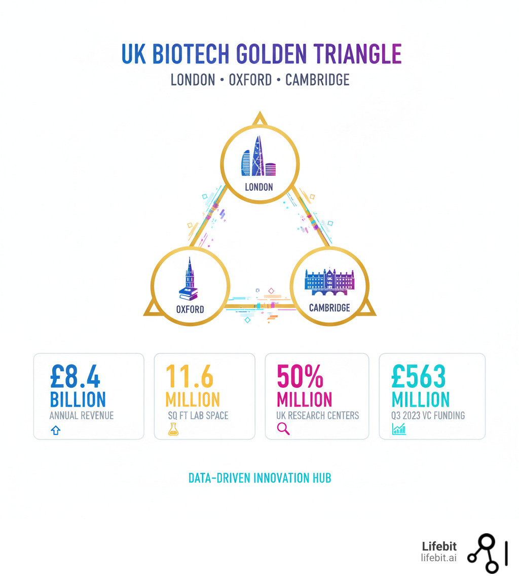 Infographic showing London's position in the UK golden triangle with Oxford and Cambridge, highlighting key statistics: £8.4 billion annual revenue, 11.6 million sq ft lab space, 50% of UK research centers, and £563 million Q3 2023 VC funding - What are the top biotech companies in London that focus on data analytics? infographic Infographic showing London's position in the UK golden triangle with Oxford and Cambridge, highlighting key statistics: £8.4 billion annual revenue, 11.6 million sq ft lab space, 50% of UK research centers, and £563 million Q3 2023 VC funding - What are the top biotech companies in London that focus on data analytics? infographic