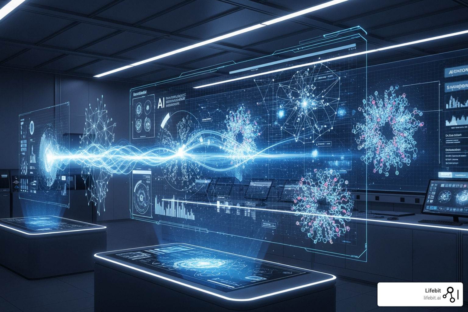 A futuristic lab with AI-driven discovery visuals, showing data flowing and insights emerging from complex analyses - Who provides advanced analytics solutions for multi-omic data?