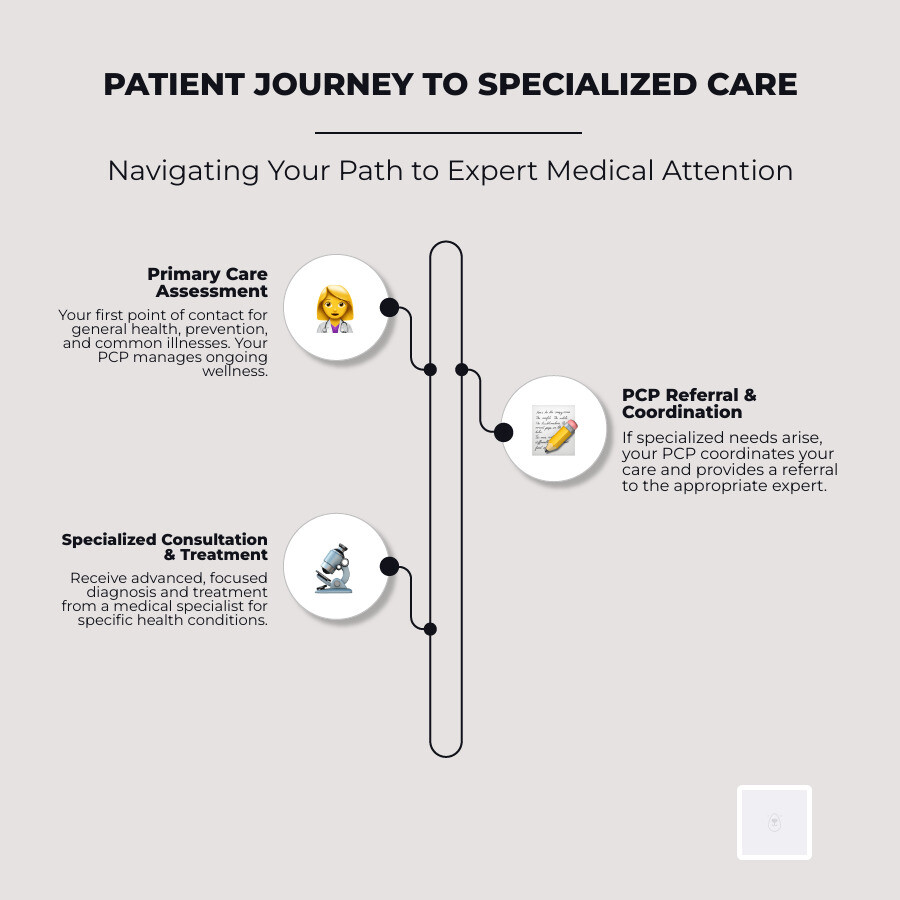 Patient journey from primary care to specialized care - Specialized Medical Care infographic infographic-line-3-steps-elegant_beige
