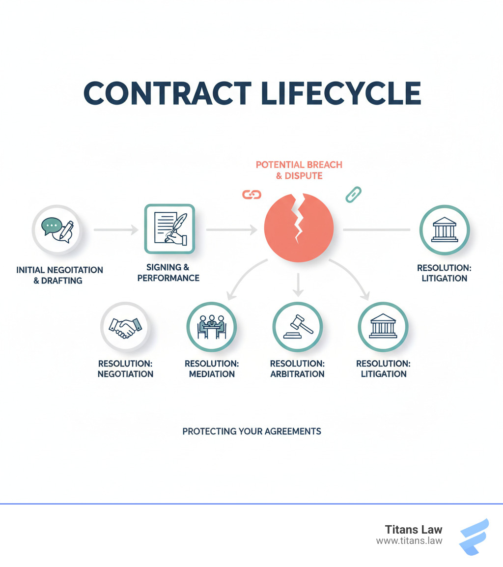 Infographic showing the contract lifecycle from initial negotiation and drafting, to signing and performance, through potential breach and dispute, ending with resolution options including negotiation, mediation, arbitration, and litigation - contract dispute attorney infographic Infographic showing the contract lifecycle from initial negotiation and drafting, to signing and performance, through potential breach and dispute, ending with resolution options including negotiation, mediation, arbitration, and litigation - contract dispute attorney infographic