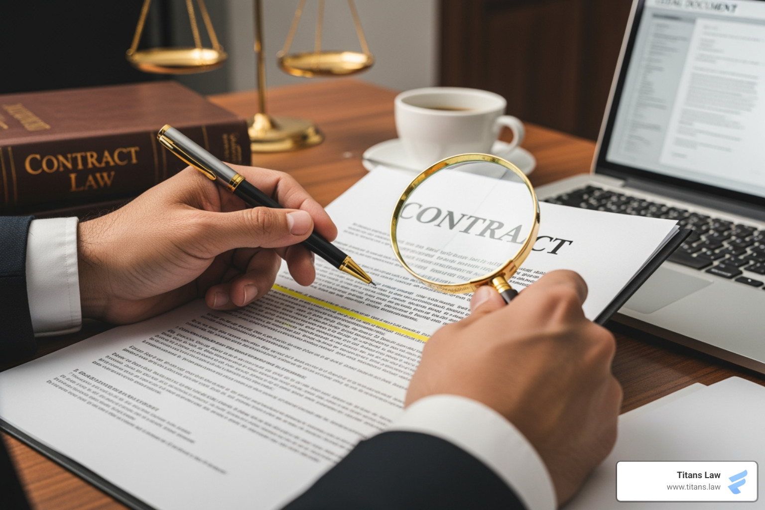 magnifying glass over a contract's text, highlighting key clauses - contract drafting services magnifying glass over a contract's text, highlighting key clauses - contract drafting services