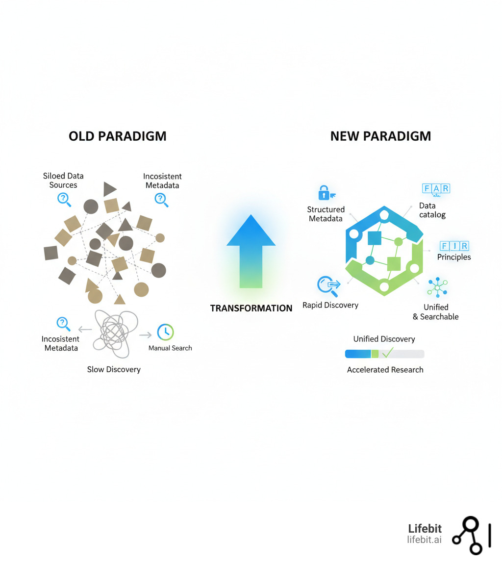 infographic showing the transformation from scattered, siloed data sources with inconsistent metadata and manual searches to a unified, searchable data catalog with structured metadata, FAIR principles, and rapid discovery - Unlocking the Potential of Precision Health in Biopharma with Advanced Data Catalogs infographic infographic showing the transformation from scattered, siloed data sources with inconsistent metadata and manual searches to a unified, searchable data catalog with structured metadata, FAIR principles, and rapid discovery - Unlocking the Potential of Precision Health in Biopharma with Advanced Data Catalogs infographic