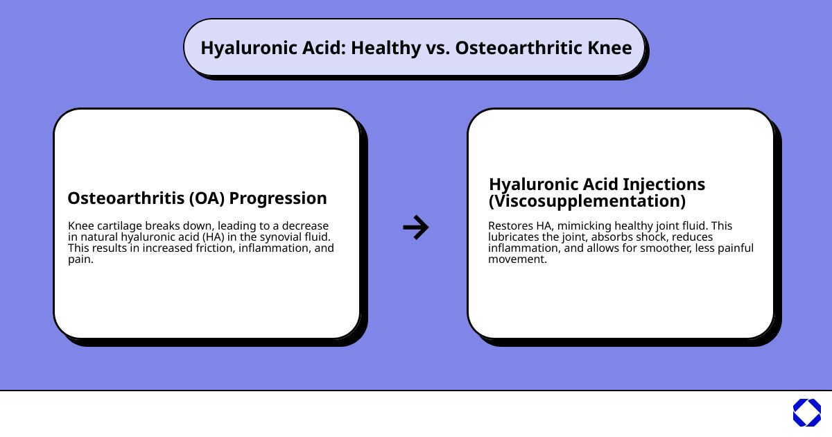 Infographic showing a side-by-side comparison of a healthy knee joint with proper hyaluronic acid levels providing smooth cartilage gliding versus an osteoarthritic knee with depleted hyaluronic acid causing bone friction and inflammation, with arrows indicating how viscosupplementation injection restores lubrication - hyaluronic acid injection for knee pain chicago infographic cause_effect_text