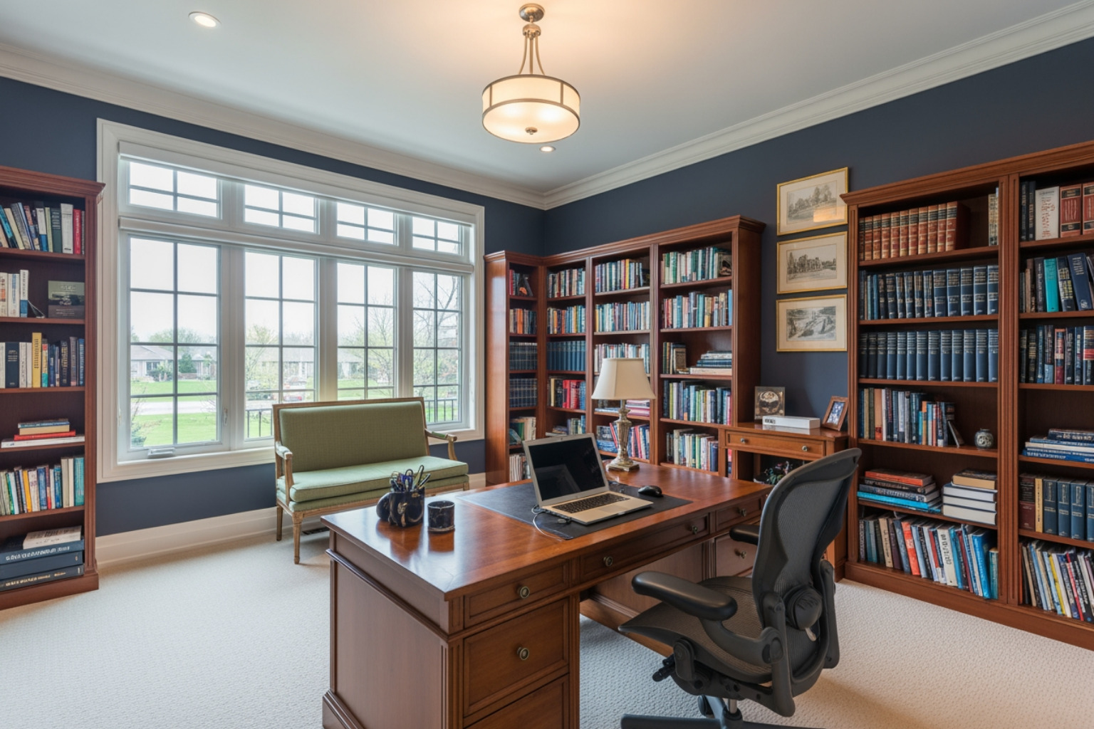 A spacious, well-lit home office within a Toronto house, featuring bookshelves, a comfortable desk, and ergonomic chair, designed for academic focus. - 3 bedroom house Toronto A spacious, well-lit home office within a Toronto house, featuring bookshelves, a comfortable desk, and ergonomic chair, designed for academic focus. - 3 bedroom house Toronto