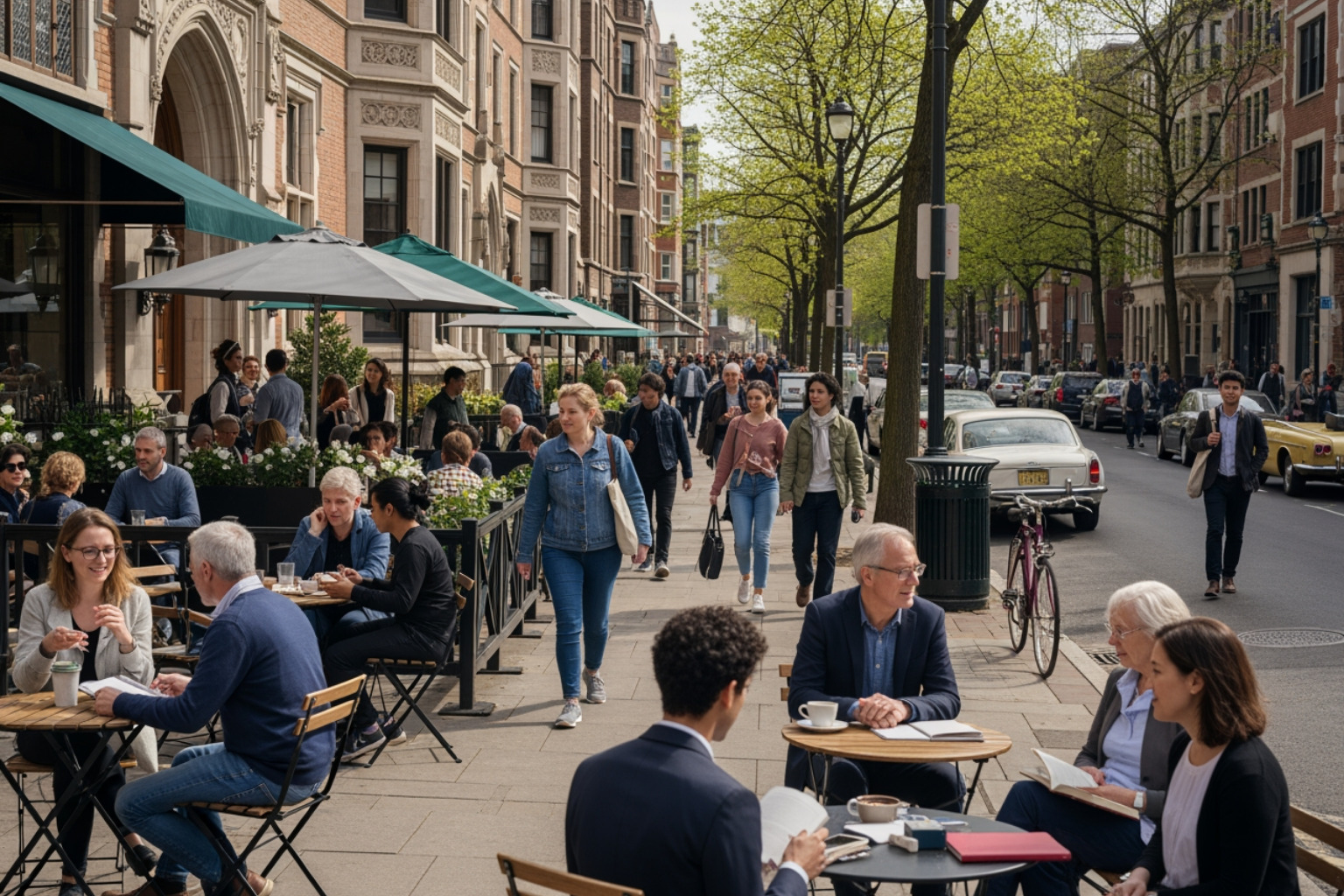 A bustling street scene in a university-adjacent Toronto neighbourhood, with diverse people, cafes, and academic buildings in the background. - 3 bedroom house Toronto A bustling street scene in a university-adjacent Toronto neighbourhood, with diverse people, cafes, and academic buildings in the background. - 3 bedroom house Toronto