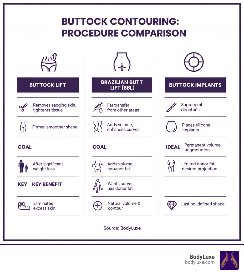 Infographic comparing buttock lift surgery (removes sagging skin, tightens tissue, ideal after weight loss) versus Brazilian butt lift (adds volume with fat transfer, enhances curves, requires donor fat) versus buttock implants (adds volume with silicone, permanent augmentation, for patients without adequate fat). Each column shows technique, goal, ideal candidate, and key benefit. - butt lift surgery infographic 