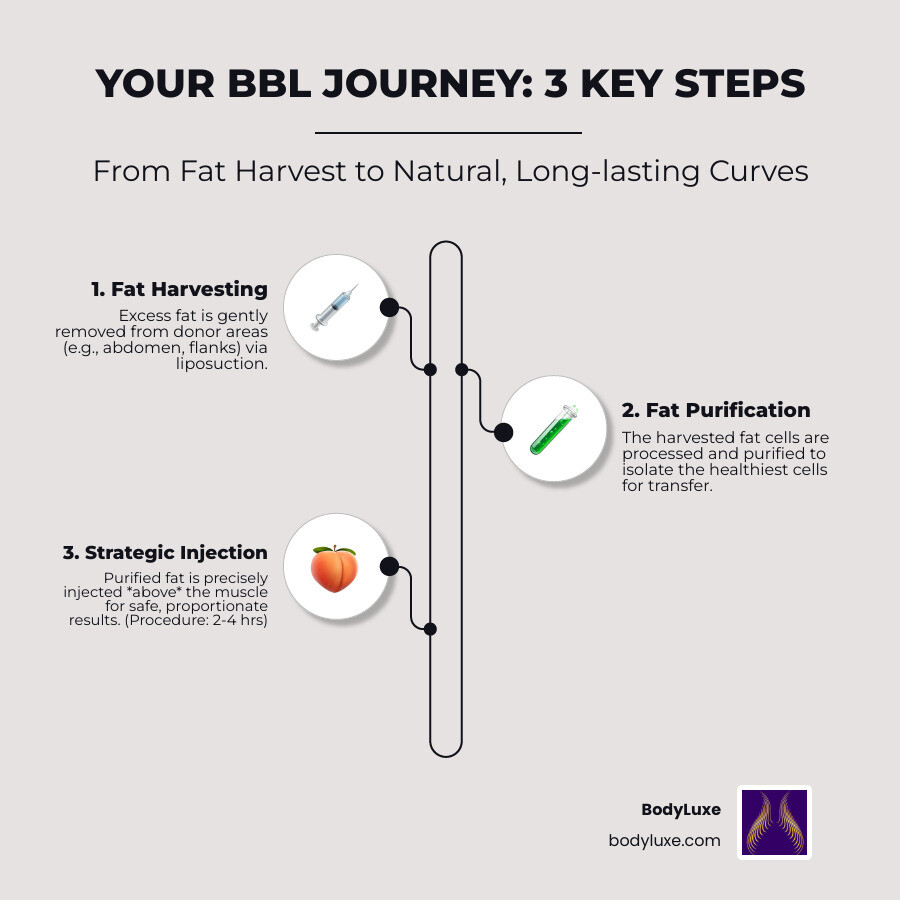 Infographic showing the complete BBL process: liposuction harvest from abdomen and flanks, fat purification, and precise injection into buttocks above muscle layer, with timeline showing 2-4 hour procedure, 2-6 week recovery, and 6-12 months to final results - bbl surgeon infographic infographic-line-3-steps-elegant_beige Infographic showing the complete BBL process: liposuction harvest from abdomen and flanks, fat purification, and precise injection into buttocks above muscle layer, with timeline showing 2-4 hour procedure, 2-6 week recovery, and 6-12 months to final results - bbl surgeon infographic infographic-line-3-steps-elegant_beige