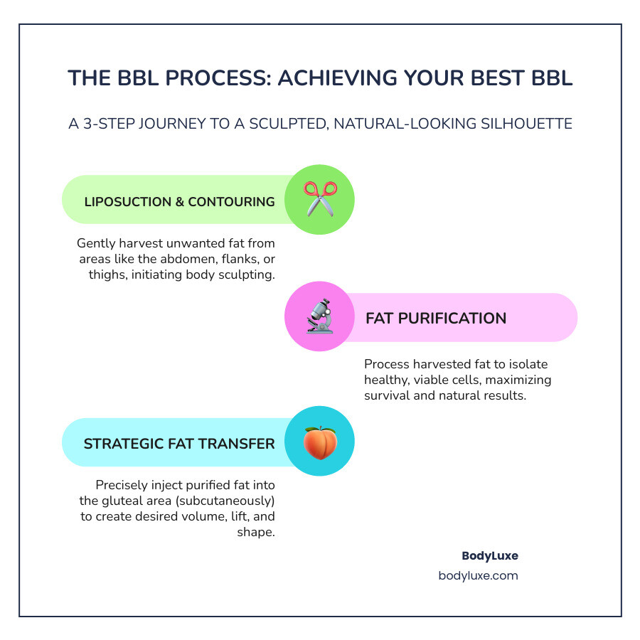 Infographic showing the 3-step BBL process: Step 1 - Liposuction to harvest fat from donor areas like abdomen, flanks, and thighs; Step 2 - Fat purification through centrifugation or filtration to isolate healthy, viable fat cells; Step 3 - Strategic fat transfer injecting purified fat into buttocks and hips above the muscle for volume, lift, and shape - best bbl infographic infographic-line-3-steps-colors Infographic showing the 3-step BBL process: Step 1 - Liposuction to harvest fat from donor areas like abdomen, flanks, and thighs; Step 2 - Fat purification through centrifugation or filtration to isolate healthy, viable fat cells; Step 3 - Strategic fat transfer injecting purified fat into buttocks and hips above the muscle for volume, lift, and shape - best bbl infographic infographic-line-3-steps-colors