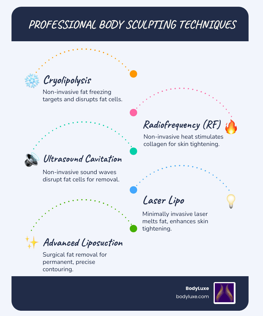 Infographic overview of professional body sculpting techniques and their benefits, including fat reduction, skin tightening, and muscle toning, with indications for non-invasive, minimally invasive, and surgical options - body sculptor infographic infographic-line-5-steps-blues-accent_colors