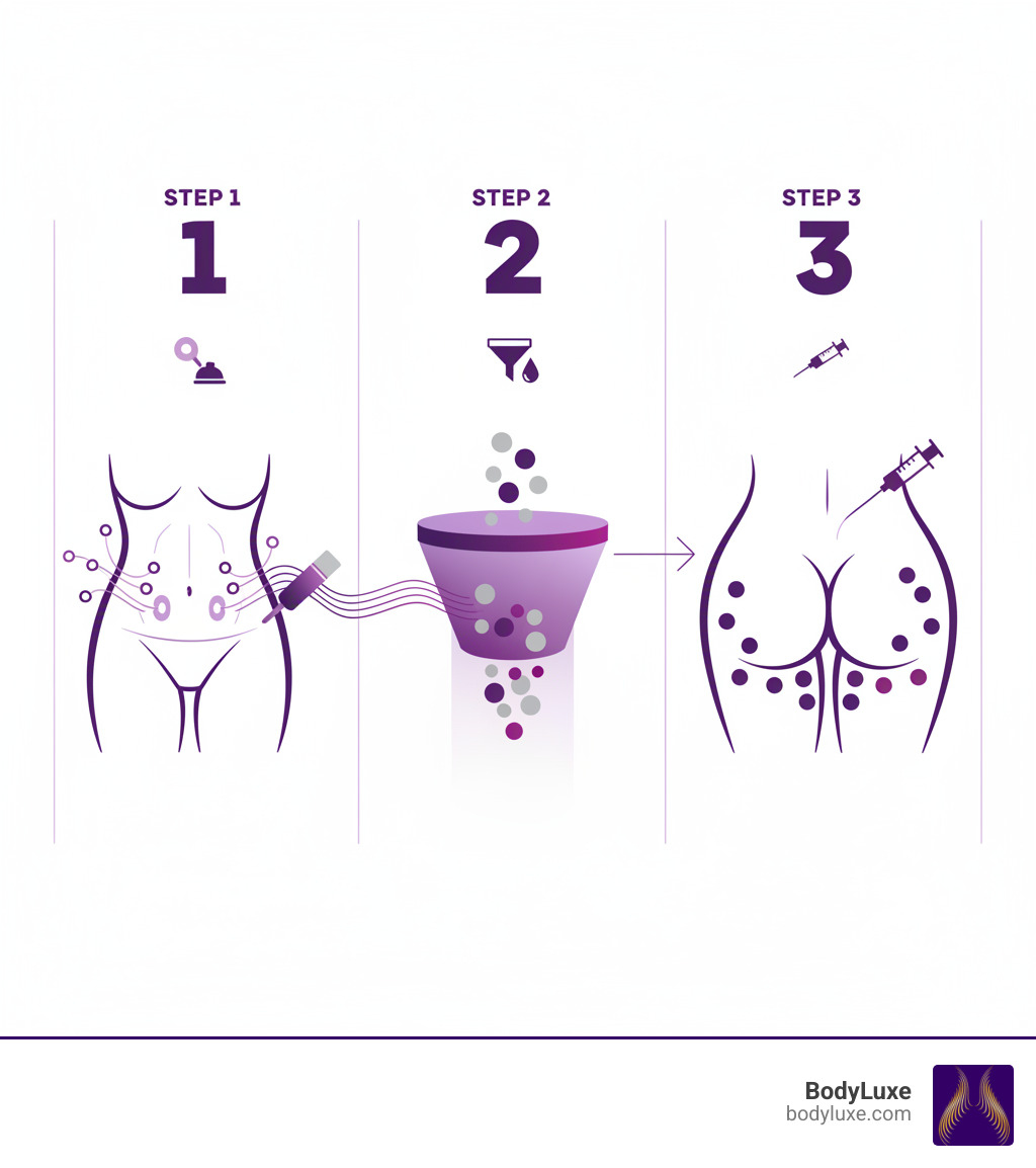 Infographic showing the 3-step BBL process: Step 1 - Liposuction removes fat from donor areas like abdomen, flanks, and thighs using advanced tumescent technique; Step 2 - Fat Purification filters and concentrates healthy fat cells for optimal survival; Step 3 - Artistic Fat Transfer precisely injects purified fat into buttocks to create natural curves and correct asymmetries - Best BBL surgeon Chicago infographic Infographic showing the 3-step BBL process: Step 1 - Liposuction removes fat from donor areas like abdomen, flanks, and thighs using advanced tumescent technique; Step 2 - Fat Purification filters and concentrates healthy fat cells for optimal survival; Step 3 - Artistic Fat Transfer precisely injects purified fat into buttocks to create natural curves and correct asymmetries - Best BBL surgeon Chicago infographic