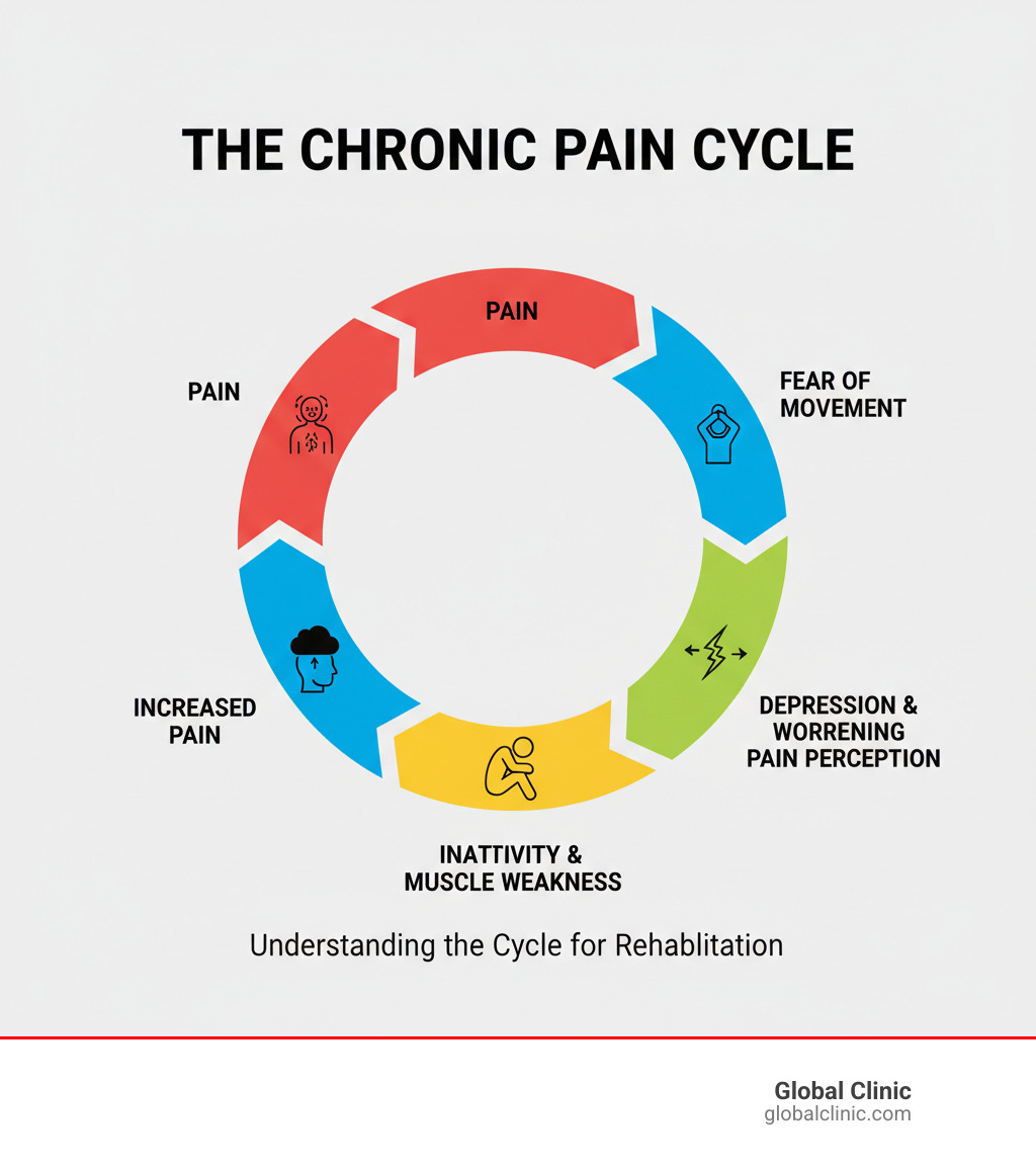 infographic showing the chronic pain cycle: pain leads to fear of movement, which causes inactivity and muscle weakness, leading to depression and worsening pain perception, then back to increased pain - Pain rehabilitation program infographic infographic showing the chronic pain cycle: pain leads to fear of movement, which causes inactivity and muscle weakness, leading to depression and worsening pain perception, then back to increased pain - Pain rehabilitation program infographic