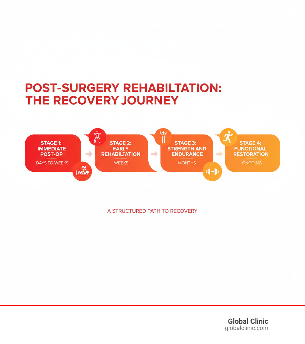 Infographic showing a timeline of the four stages of rehabilitation: Stage 1 - Immediate Post-Op (Days to Weeks), Stage 2 - Early Rehabilitation (Weeks), Stage 3 - Strength and Endurance (Months), Stage 4 - Functional Restoration (Ongoing) - Post surgery rehabilitation infographic 