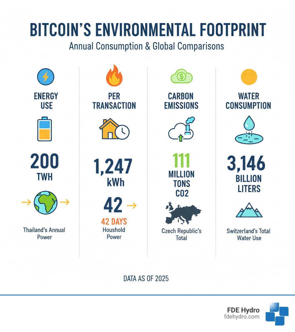 Infographic showing Bitcoin's annual energy consumption of 200 TWh compared to Thailand, a single transaction using 1,247 kWh equivalent to 42 days of household power, annual carbon emissions of 111 million tons comparable to Czech Republic, and water consumption of 3,146 billion liters equivalent to Switzerland's total water use - Crypto mining power consumption infographic 