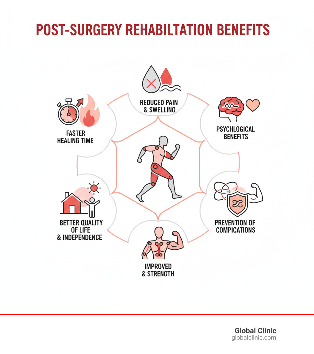 Infographic showing the key benefits of post-surgery rehabilitation: faster healing time, reduced pain and swelling, prevention of complications like blood clots and muscle weakness, improved mobility and strength, better quality of life and independence, and psychological benefits including reduced anxiety - Post surgery rehabilitation infographic 