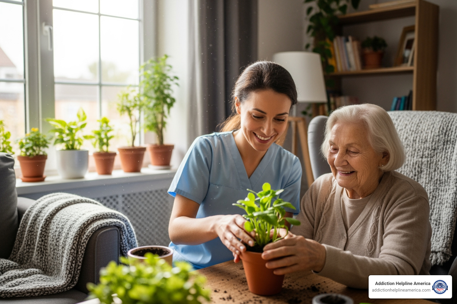 A caregiver helping an elderly person with a plant - tender loving care