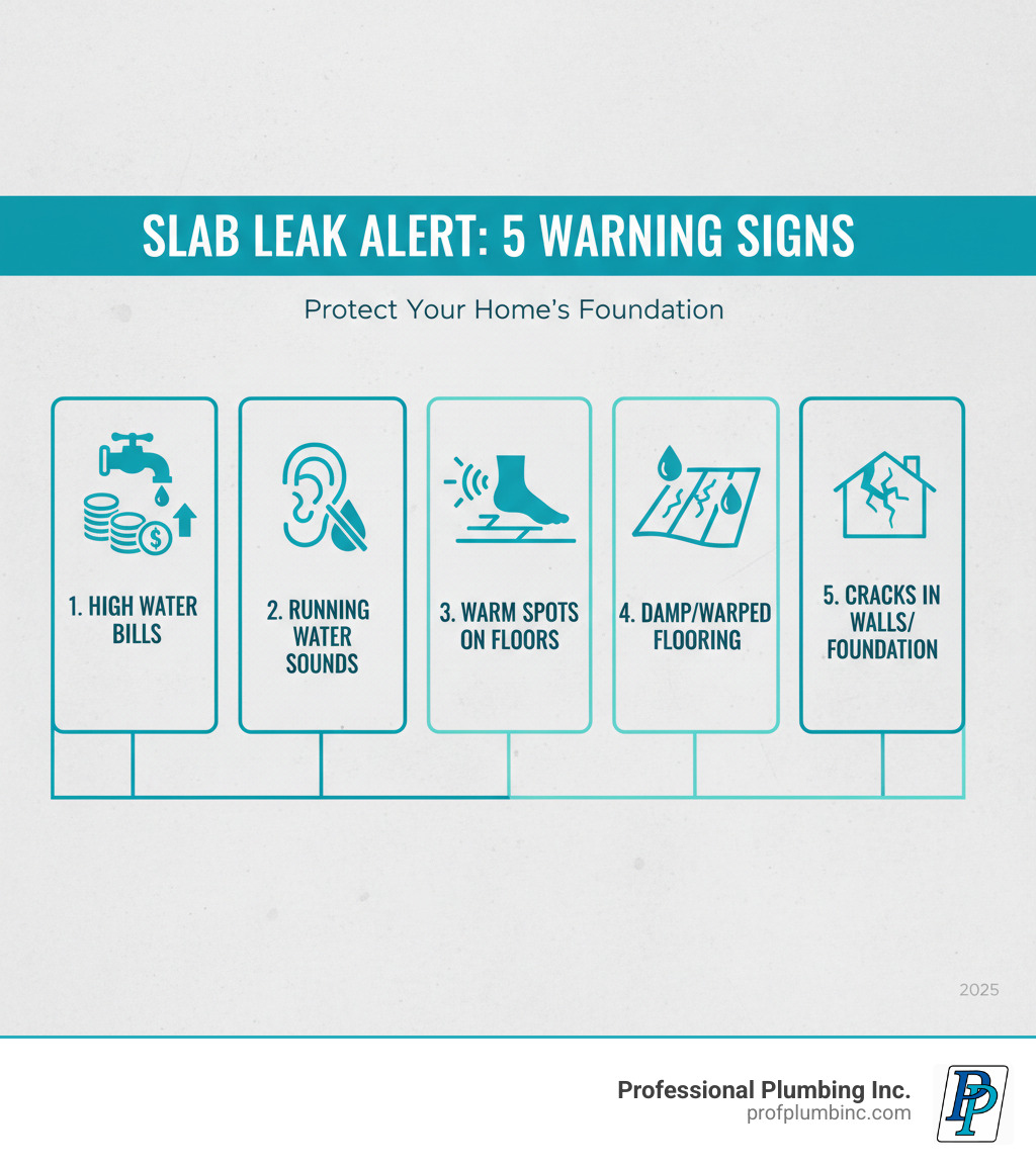infographic showing the top 5 warning signs of a slab leak: unexplained high water bills, sound of running water when everything is off, warm spots on floors, damp or warped flooring, and visible cracks in walls or foundation - Concrete slab leak repair infographic 