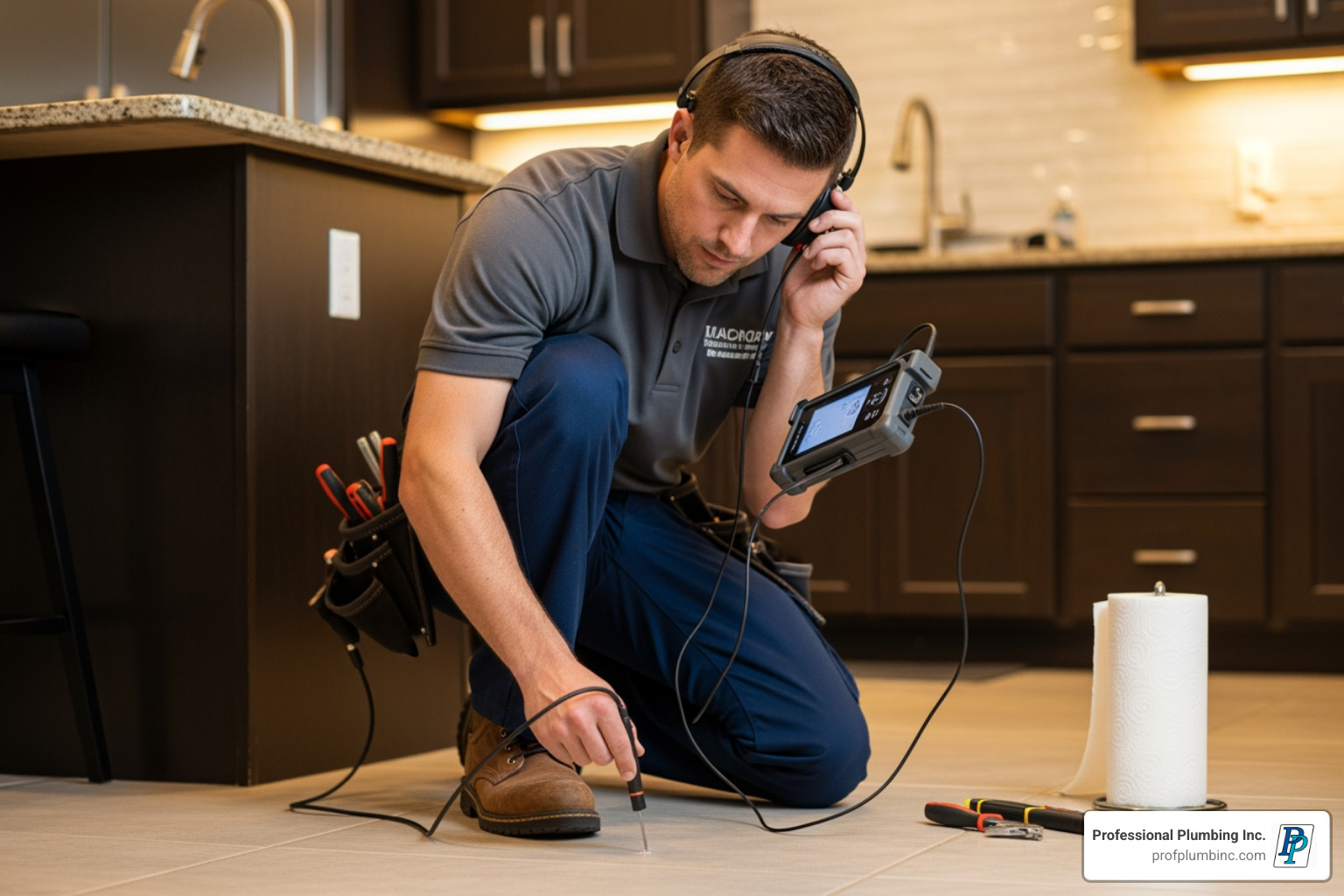 plumber using an electronic listening device on a floor in a Costa Mesa home - Concrete slab leak repair
