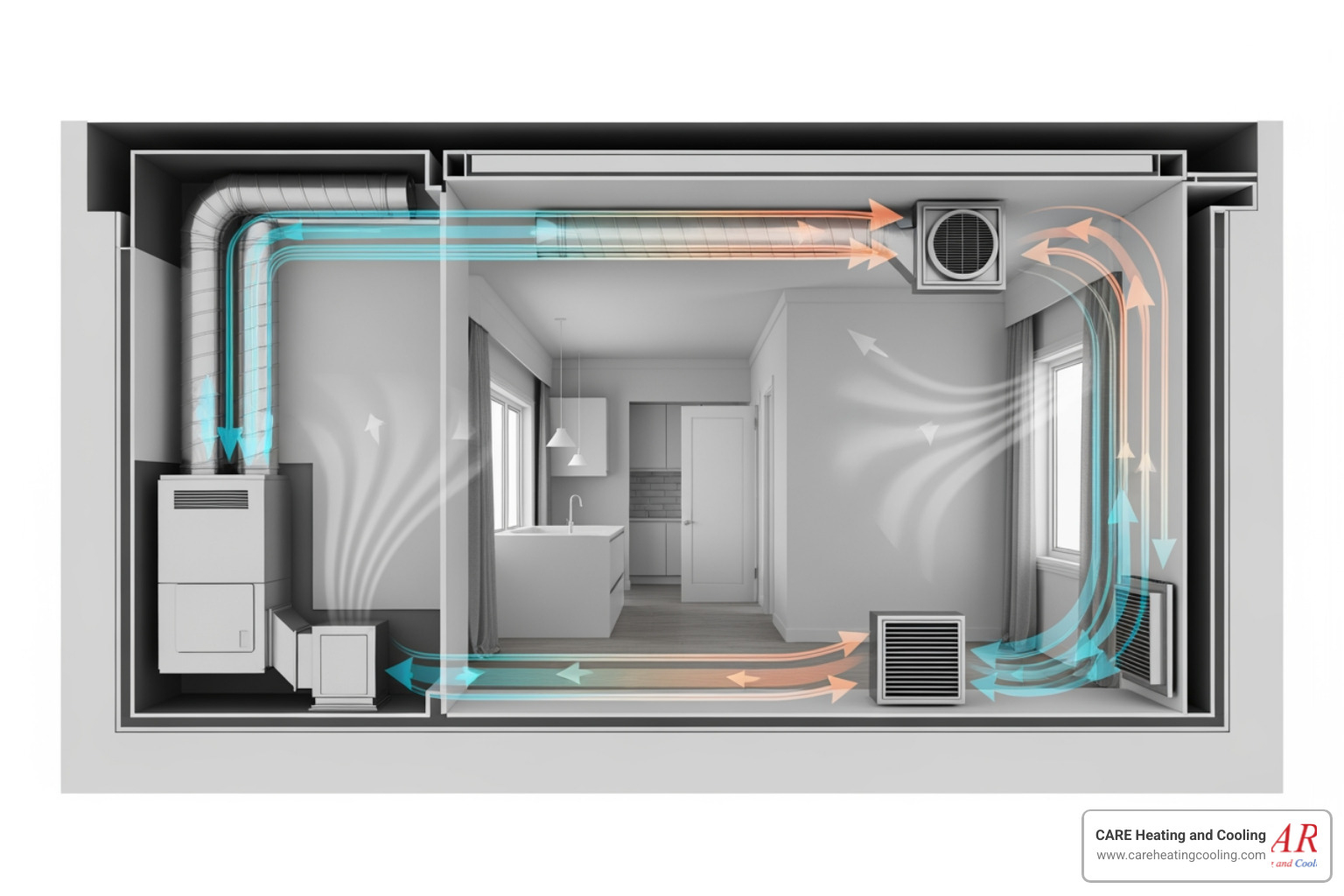 infographic showing air circulation through HVAC system with labeled components including furnace, ducts, vents, and return air flow, highlighting common leak points and efficiency statistics - ductwork contractors westerville infographic showing air circulation through HVAC system with labeled components including furnace, ducts, vents, and return air flow, highlighting common leak points and efficiency statistics - ductwork contractors westerville
