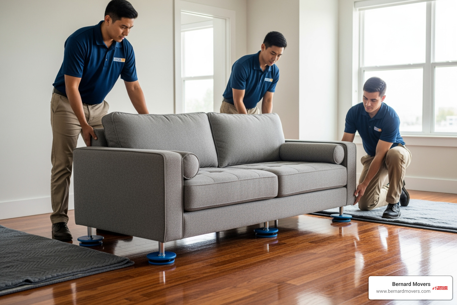 Movers using furniture sliders on a hardwood floor - Small apartment movers Movers using furniture sliders on a hardwood floor - Small apartment movers