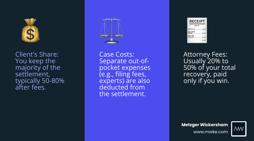 Infographic showing how a contingency fee works: A settlement amount divided into three parts - the largest portion going to the client (typically 60-80%), a portion for attorney fees (20-40%), and a small portion for case costs like filing fees and professional witnesses - contingency fee attorney infographic 3_facts_emoji_blue Infographic showing how a contingency fee works: A settlement amount divided into three parts - the largest portion going to the client (typically 60-80%), a portion for attorney fees (20-40%), and a small portion for case costs like filing fees and professional witnesses - contingency fee attorney infographic 3_facts_emoji_blue