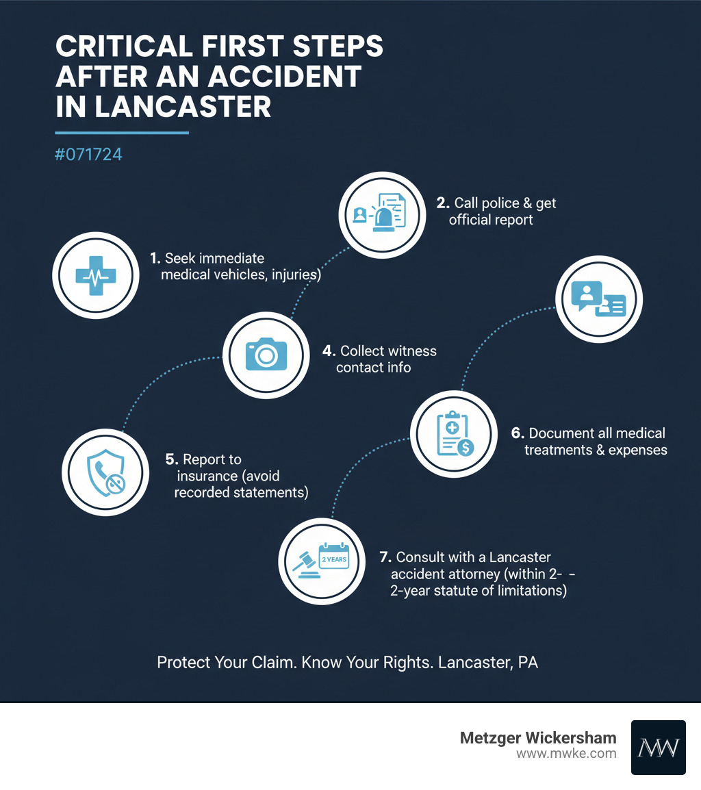 Infographic showing the critical first steps after an accident in Lancaster: 1) Seek immediate medical attention even for minor injuries, 2) Call police and get an official report, 3) Take photos of the scene, vehicles, and injuries, 4) Collect witness contact information, 5) Report to your insurance but avoid recorded statements, 6) Document all medical treatments and expenses, 7) Consult with a Lancaster accident attorney within Pennsylvania's two-year statute of limitations - accident attorney lancaster infographic Infographic showing the critical first steps after an accident in Lancaster: 1) Seek immediate medical attention even for minor injuries, 2) Call police and get an official report, 3) Take photos of the scene, vehicles, and injuries, 4) Collect witness contact information, 5) Report to your insurance but avoid recorded statements, 6) Document all medical treatments and expenses, 7) Consult with a Lancaster accident attorney within Pennsylvania's two-year statute of limitations - accident attorney lancaster infographic