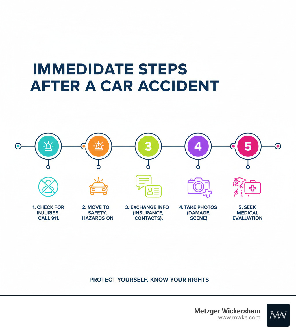 infographic showing 5 immediate steps after a car accident: 1. Check for injuries and call 911 if anyone is hurt, 2. Move to safety if possible and turn on hazard lights, 3. Exchange information with other drivers including insurance and contact details, 4. Take photos of vehicle damage, road conditions, and accident scene, 5. Seek medical evaluation even if injuries seem minor - auto collision attorney infographic infographic showing 5 immediate steps after a car accident: 1. Check for injuries and call 911 if anyone is hurt, 2. Move to safety if possible and turn on hazard lights, 3. Exchange information with other drivers including insurance and contact details, 4. Take photos of vehicle damage, road conditions, and accident scene, 5. Seek medical evaluation even if injuries seem minor - auto collision attorney infographic